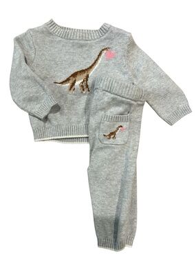 Janie and Jack Gray Knit Dinosaur Sweater & Pants Set with Pink Heart